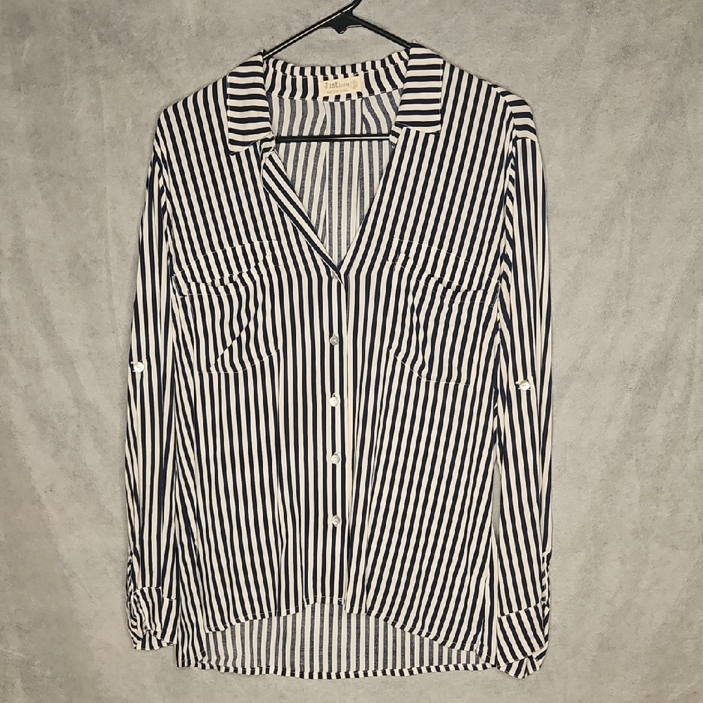 Just Living Navy and White Striped Button-Up Top